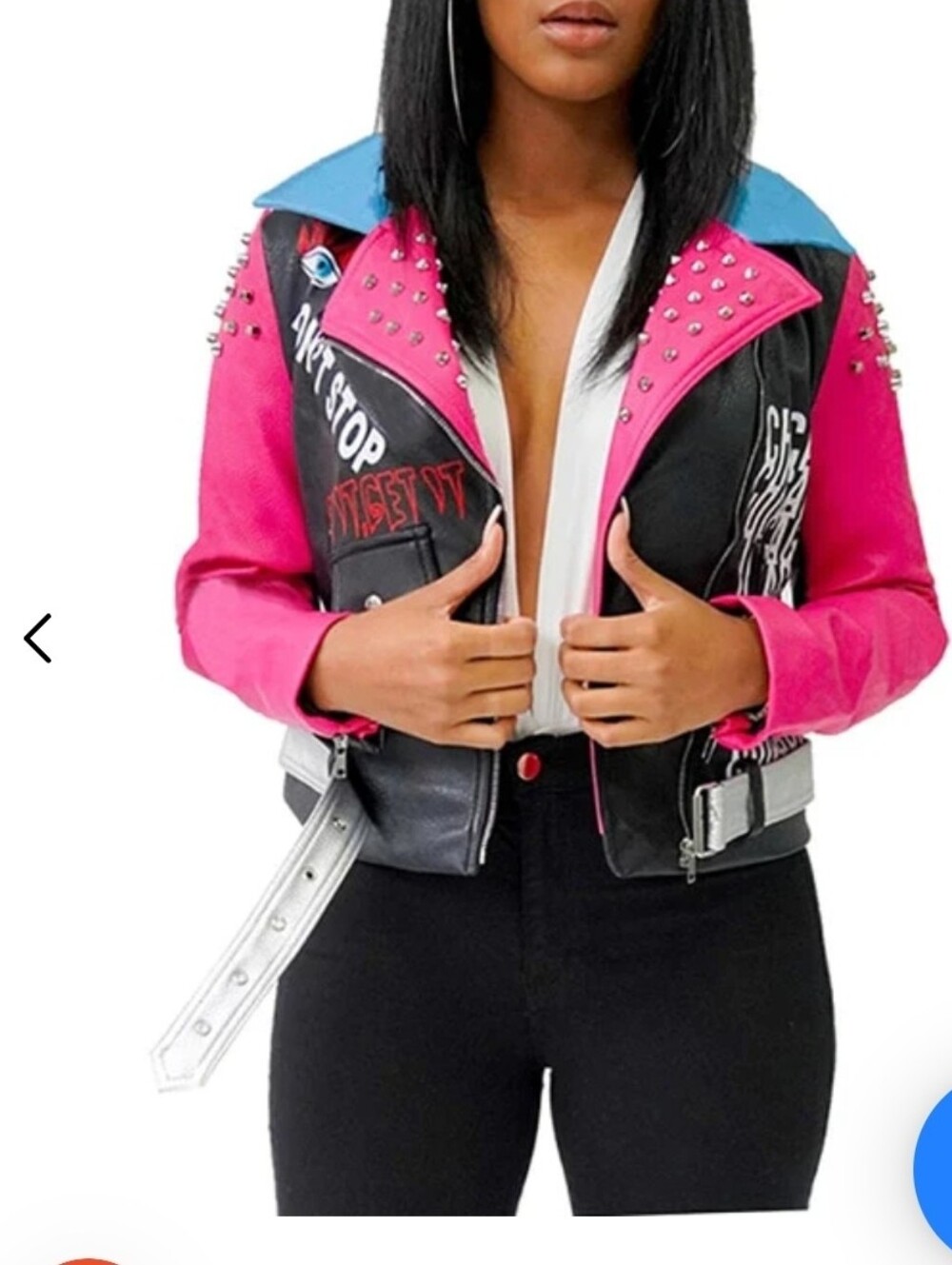 Azalea Wang pink and black faux leather studded graffiti moto jacket. - Picture 3 of 8